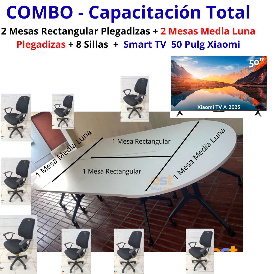 Combo Capacitación Total - 2 Mesas Rectangulares Plegadizas +2 Mesas Media Luna Plegadizas +8 Sillas + Smart TV Xiaomi de 50 Pulgadas