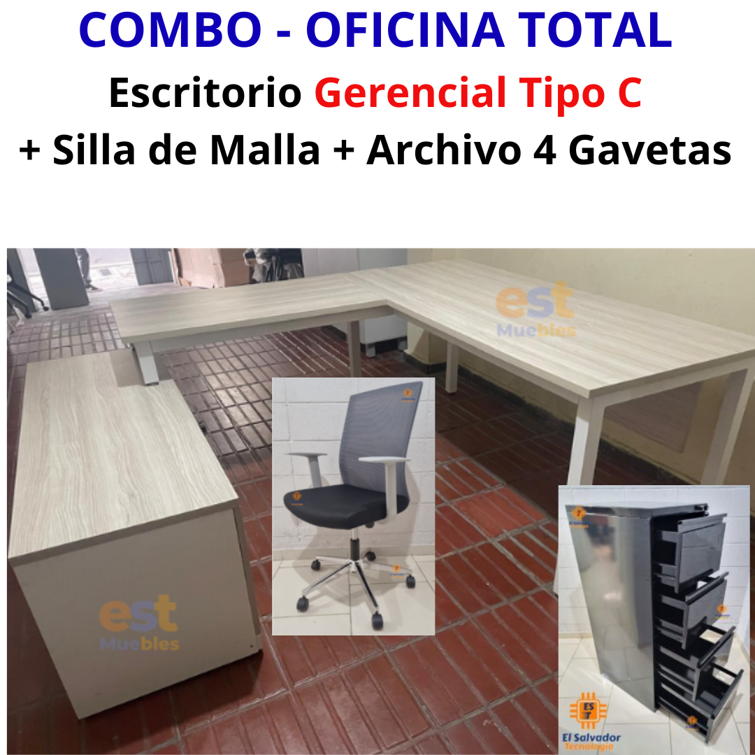 Combo Oficina Total - Escritorio Gerencia Tipo C + Silla de Malla + Archivo de 4 Gavetas