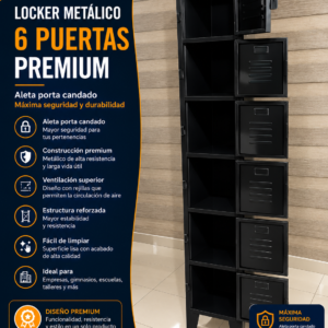 Locker 6 puertas - PREMIUN JNX - Aleta Porta Candado -1.80 m Alto x 0.30 m Ancho x 0.40 Fondo - Negro