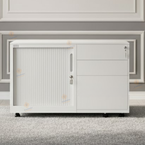Credenza Metalica con Rodos Color GRIS - Con 3 Gavetas y Puerta Persiana - Medidas 0.90 mt Ancho x 0.50 Fondo x 0.60 Altura -MKT-CBRP