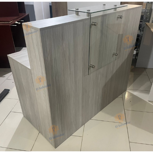 Recepción Zeus Lineal con Cubierta de Cristal TLS 1415 Pinot Gris - Medidas 1.30 Mt Ancho x 0.75 Fondo x 1.10 Altura Total - Incluye Repisa de Vidrio
