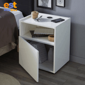 Mesa de noche con repisa y puerta abatible en melamina color blanco MN-0007 | 41cm Ancho x 30cm Fondo x 50cm Alto