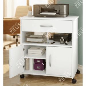 Mueble para Impresora ZEUS-MPI0016 | Melamina Blanca, Gaveta y 2 Puertas