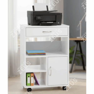 Mueble para Impresora ZEUS-MPI0019 | Melamina Blanca, Gaveta y Puerta