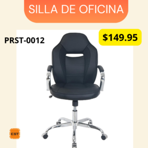Silla de Oficina Ejecutiva PRST-0012 Muebles Zeus® – Ergonómica, Cuero Negro y Base Cromada